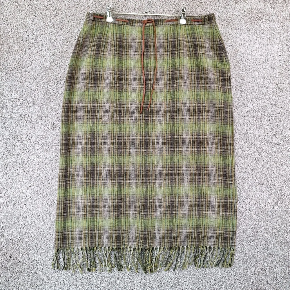 Avenue Skirt Women 16 Green Plaid Wool Blend Fringe Hem Midi Cottagecore Vintage